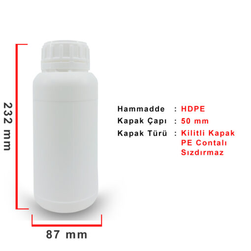 Plastik HDPE Beyaz Şişe - 50 mm PE Contalı Kapak | 1000 ML x 3 ADET - Görsel 2