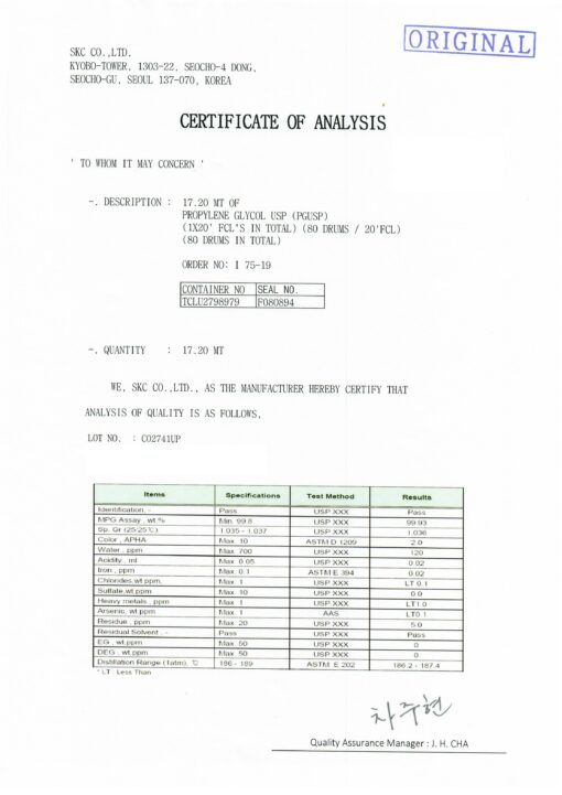Mono Propilen Glikol (MPG) | Pharma Grade MPG Analiz Raporu