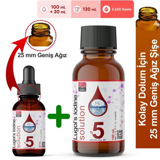 Lugol Çözeltisi %5 | 130 mL | Kolayca Doldur Sınırsız Kullan (Lügol Cam Damlalıklı Geniş Ağız Şişe,Pharma Grade) - Görsel 2